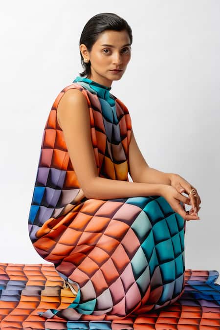 Forty Four_Multi Color Satin Keyhole Neck Geometric Print High Dress _at_Aza_Fashions