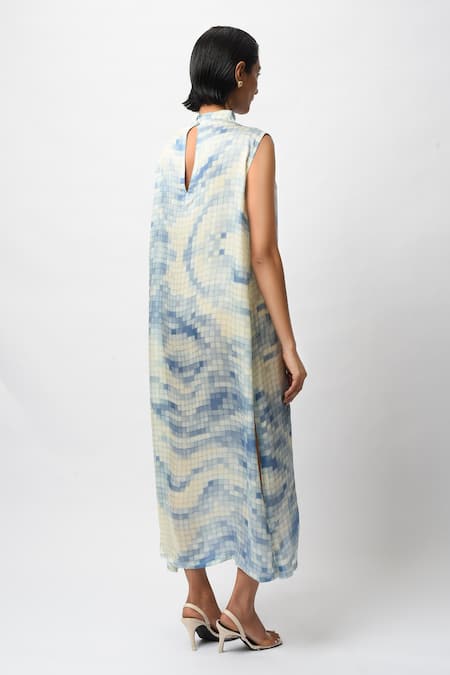 Shop_Forty Four_White Satin High Neck Mosaic Print Dress _at_Aza_Fashions