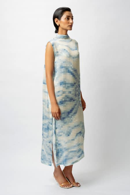 Forty Four_White Satin High Neck Mosaic Print Dress _Online_at_Aza_Fashions