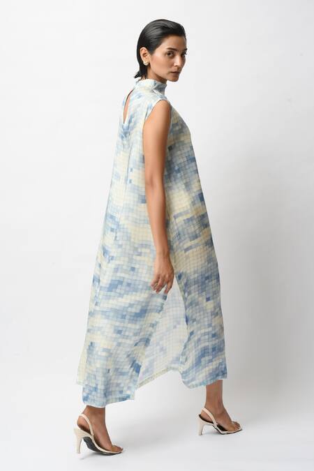 Buy_Forty Four_White Satin High Neck Mosaic Print Dress _Online_at_Aza_Fashions