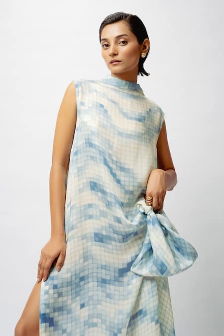 Shop_Forty Four_White Satin High Neck Mosaic Print Dress _Online_at_Aza_Fashions