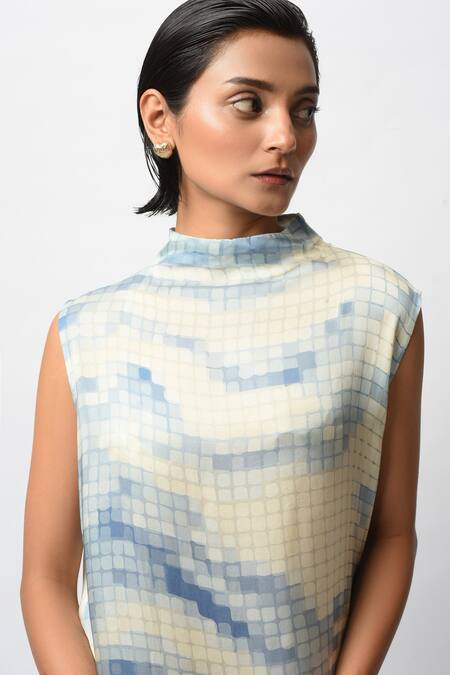 Forty Four_White Satin High Neck Mosaic Print Dress _at_Aza_Fashions