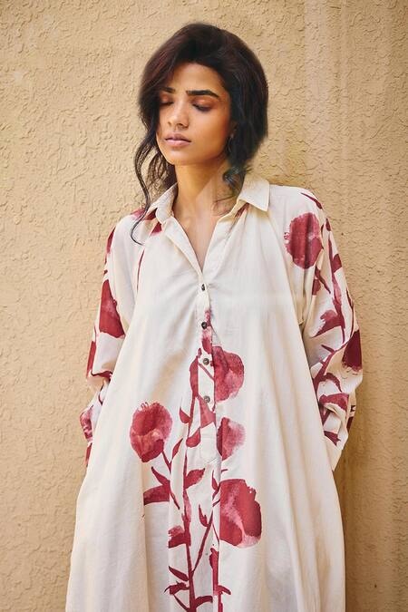 Kharakapas Off White Cotton Collared Bold Bloom Print Shirt Dress at Aza Fashions Kharakapas_Off White Cotton Collared Bold Bloom Print Shirt Dress _at_Aza_Fashions