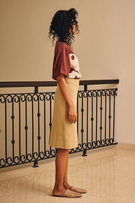 Shop_Kharakapas_Beige Twill Solid Envelope Pencil Midi Skirt _Online_at_Aza_Fashions