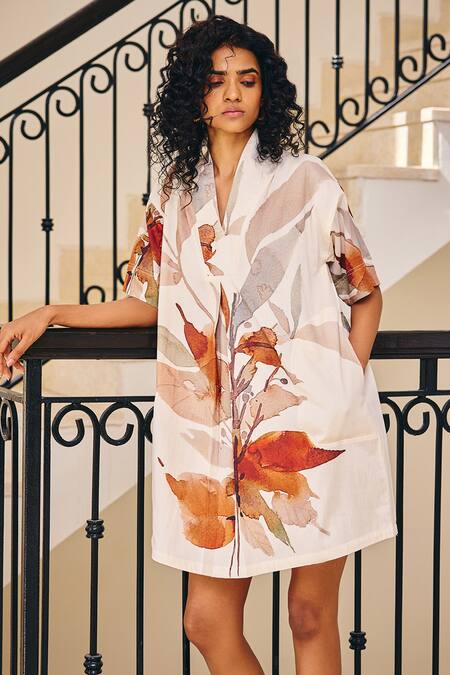 Shop Kharakapas Off White Cotton V-neck Eternal Sunshine Bloom Print Dress Online at Aza Fashions Shop_Kharakapas_Off White Cotton V-neck Eternal Sunshine Bloom Print Dress _Online_at_Aza_Fashions