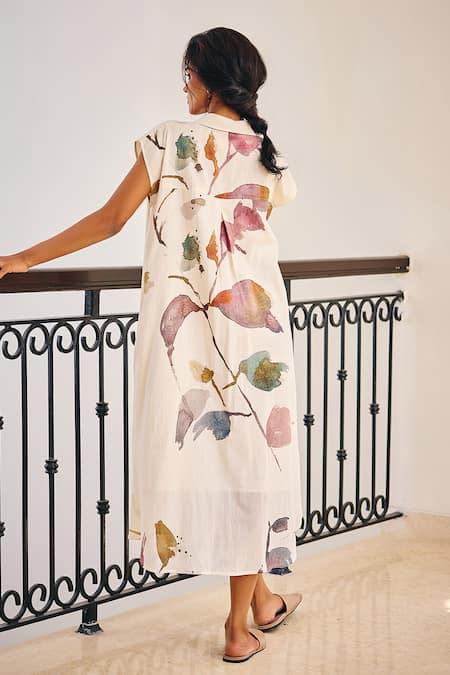 Shop Kharakapas Off White Cotton Collared Growing Vein Blossom Print Shirt Dress at Aza Fashions Shop_Kharakapas_Off White Cotton Collared Growing Vein Blossom Print Shirt Dress _at_Aza_Fashions