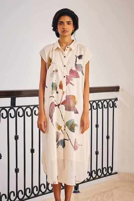 Kharakapas Off White Cotton Collared Growing Vein Blossom Print Shirt Dress Online at Aza Fashions Kharakapas_Off White Cotton Collared Growing Vein Blossom Print Shirt Dress _Online_at_Aza_Fashions