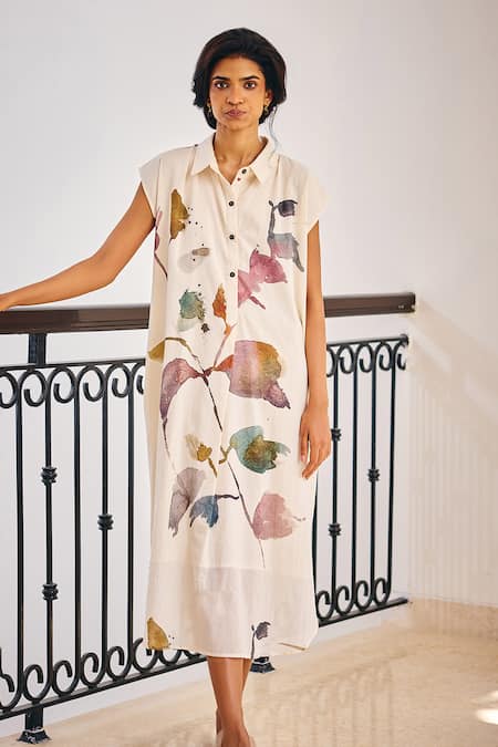 Buy Kharakapas Off White Cotton Collared Growing Vein Blossom Print Shirt Dress Online at Aza Fashions Buy_Kharakapas_Off White Cotton Collared Growing Vein Blossom Print Shirt Dress _Online_at_Aza_Fashions