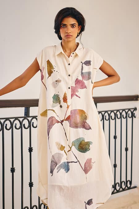 Shop Kharakapas Off White Cotton Collared Growing Vein Blossom Print Shirt Dress Online at Aza Fashions Shop_Kharakapas_Off White Cotton Collared Growing Vein Blossom Print Shirt Dress _Online_at_Aza_Fashions