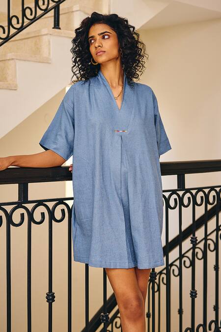 Buy_Kharakapas_Blue Linen V-neck Hidden Gem Solid Midi Dress _Online_at_Aza_Fashions
