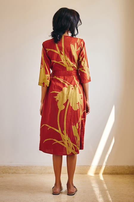 Shop Kharakapas Red Cotton V-neck Life Journey Ambrosia Print Wrap Dress at Aza Fashions Shop_Kharakapas_Red Cotton V-neck Life Journey Ambrosia Print Wrap Dress _at_Aza_Fashions