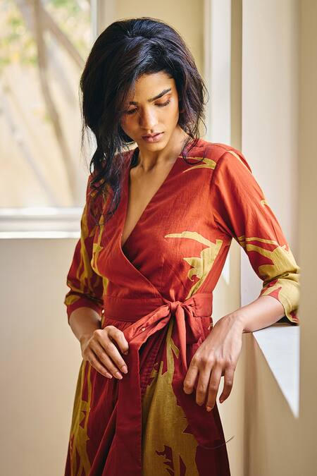 Kharakapas Red Cotton V-neck Life Journey Ambrosia Print Wrap Dress at Aza Fashions Kharakapas_Red Cotton V-neck Life Journey Ambrosia Print Wrap Dress _at_Aza_Fashions