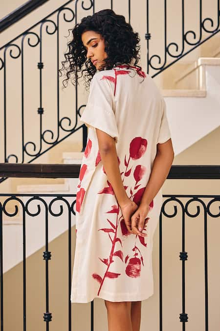Shop_Kharakapas_Off White Cotton Embroidery Collared Love Lost Floral Overlap Dress _at_Aza_Fashions