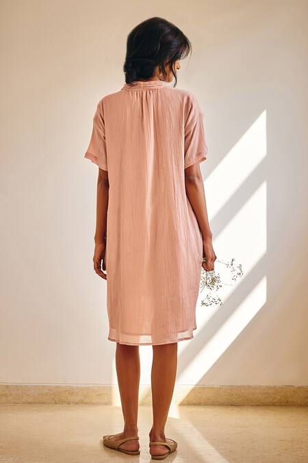 Shop_Kharakapas_Pink Cotton V-neck Poised Petal Crinkled Dress _at_Aza_Fashions