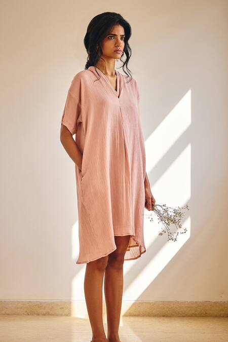Buy_Kharakapas_Pink Cotton V-neck Poised Petal Crinkled Dress _Online_at_Aza_Fashions