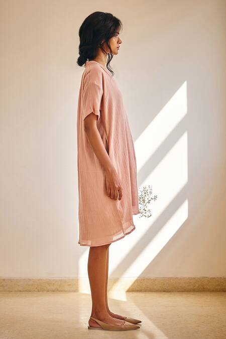 Shop_Kharakapas_Pink Cotton V-neck Poised Petal Crinkled Dress _Online_at_Aza_Fashions