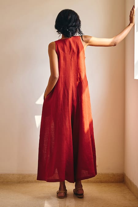 Shop_Kharakapas_Red Cotton, Linen V-neck Charm Plain Midi Jumpsuit _at_Aza_Fashions