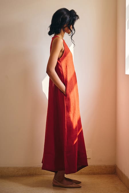Kharakapas_Red Cotton, Linen V-neck Charm Plain Midi Jumpsuit _Online_at_Aza_Fashions