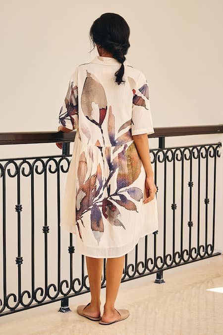 Shop Kharakapas Off White Cotton Collared Scattered Thoughts Floral Print Dress at Aza Fashions Shop_Kharakapas_Off White Cotton Collared Scattered Thoughts Floral Print Dress _at_Aza_Fashions