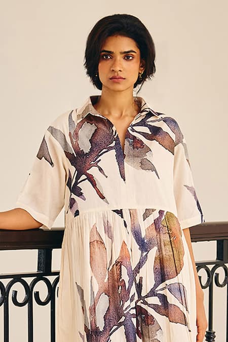 Kharakapas Off White Cotton Collared Scattered Thoughts Floral Print Dress Online at Aza Fashions Kharakapas_Off White Cotton Collared Scattered Thoughts Floral Print Dress _Online_at_Aza_Fashions