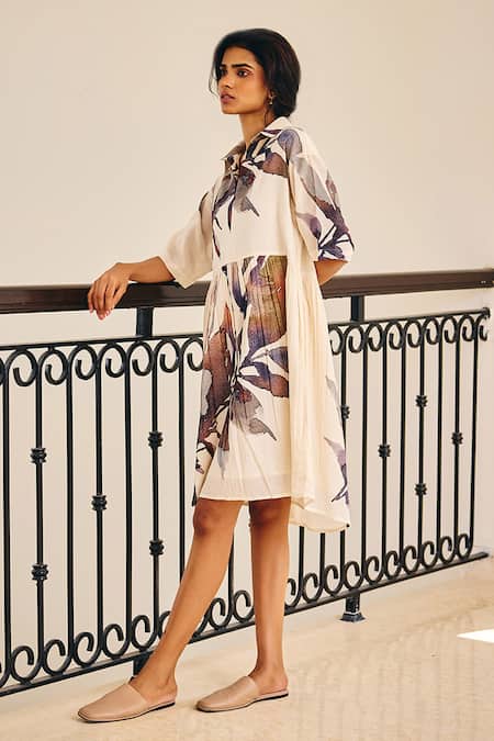 Buy Kharakapas Off White Cotton Collared Scattered Thoughts Floral Print Dress Online at Aza Fashions Buy_Kharakapas_Off White Cotton Collared Scattered Thoughts Floral Print Dress _Online_at_Aza_Fashions