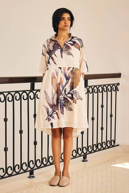 Shop Kharakapas Off White Cotton Collared Scattered Thoughts Floral Print Dress Online at Aza Fashions Shop_Kharakapas_Off White Cotton Collared Scattered Thoughts Floral Print Dress _Online_at_Aza_Fashions