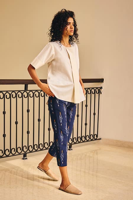 Shop_Kharakapas_Blue Linen Shades Of Ikat Printed Pant _at_Aza_Fashions
