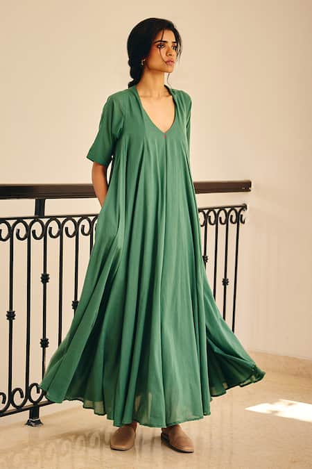 Shop_Kharakapas_Green Cotton Mul V Neck Spirited Away Maxi Dress _at_Aza_Fashions