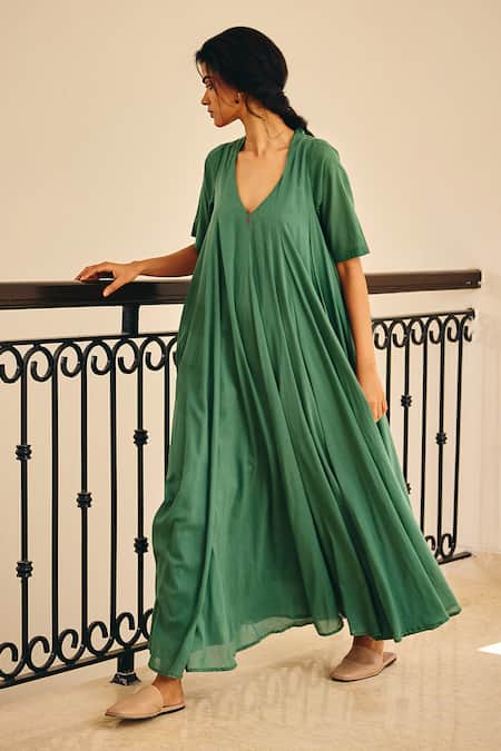 Buy_Kharakapas_Green Cotton Mul V Neck Spirited Away Maxi Dress _Online_at_Aza_Fashions