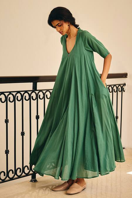 Shop_Kharakapas_Green Cotton Mul V Neck Spirited Away Maxi Dress _Online_at_Aza_Fashions