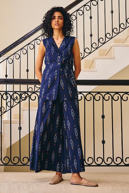 Kharakapas Blue Linen Printed Ikat Notched Lapel Collar Sublime Living Top And Pant Set 