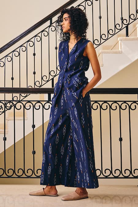 Kharakapas Blue Linen Collared Sublime Living Ikat Print Top And Pant Set Online at Aza Fashions Kharakapas_Blue Linen Collared Sublime Living Ikat Print Top And Pant Set _Online_at_Aza_Fashions