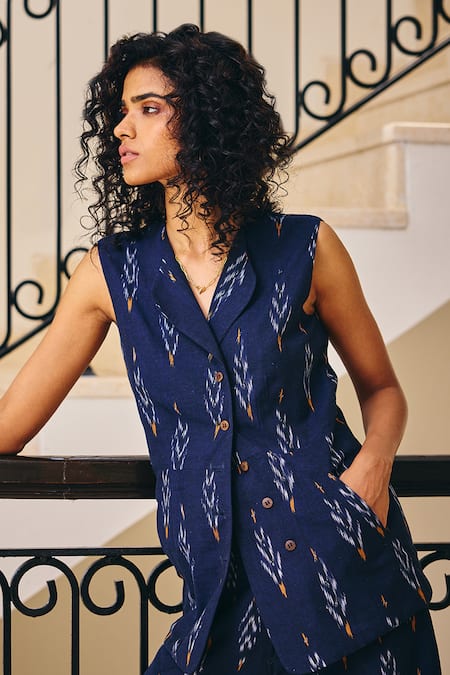 Shop Kharakapas Blue Linen Collared Sublime Living Ikat Print Top And Pant Set Online at Aza Fashions Shop_Kharakapas_Blue Linen Collared Sublime Living Ikat Print Top And Pant Set _Online_at_Aza_Fashions