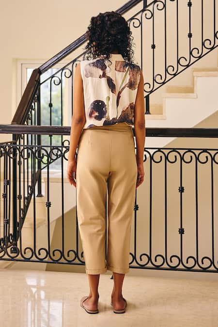 Shop_Kharakapas_Beige Twill Tailored Signature Pencil Pant _at_Aza_Fashions