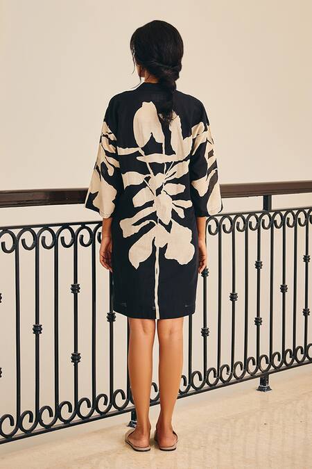 Shop_Kharakapas_Black Cotton Collared Binary Floral Print Dress _at_Aza_Fashions