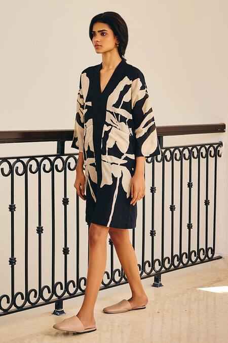 Shop_Kharakapas_Black Cotton Collared Binary Floral Print Dress _Online_at_Aza_Fashions