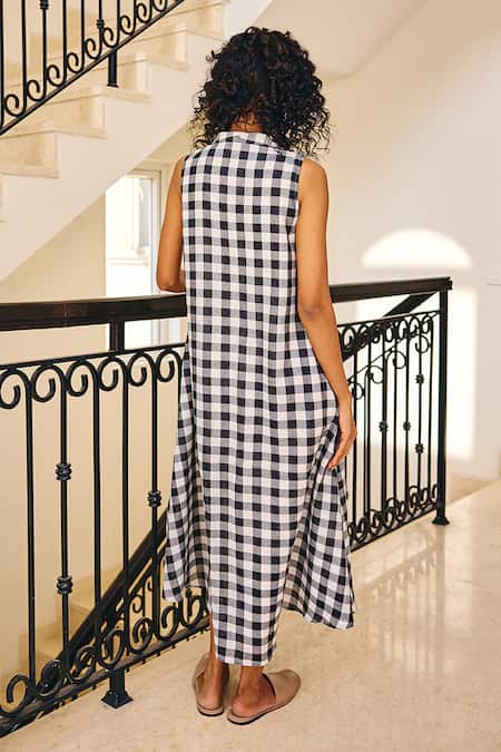 Shop_Kharakapas_Black Cotton V-neck Checkered Soul Printed Midi Dress _at_Aza_Fashions