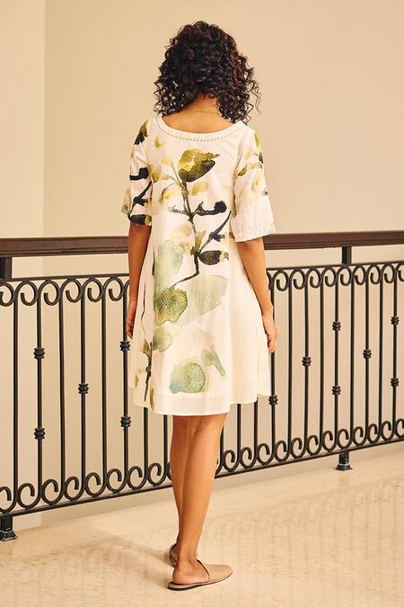 Shop_Kharakapas_Off White Cotton Round Neck The Glory Foliage Print Dress _at_Aza_Fashions