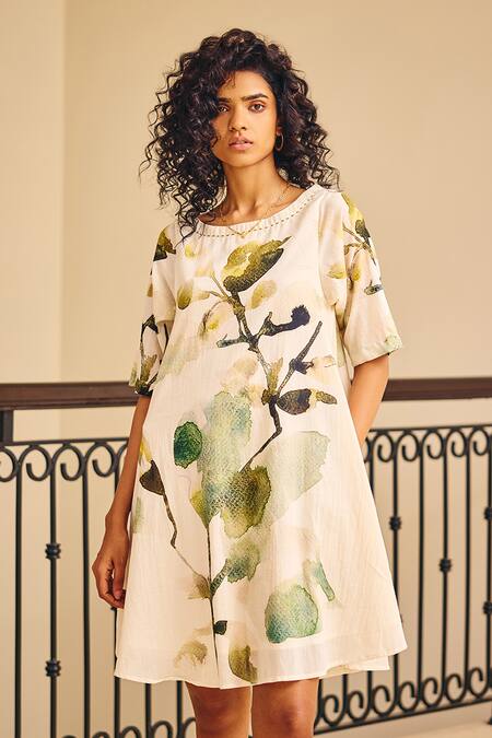 Buy_Kharakapas_Off White Cotton Round Neck The Glory Foliage Print Dress _Online_at_Aza_Fashions