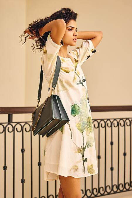 Shop_Kharakapas_Off White Cotton Round Neck The Glory Foliage Print Dress _Online_at_Aza_Fashions