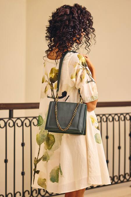 Kharakapas_Off White Cotton Round Neck The Glory Foliage Print Dress _at_Aza_Fashions