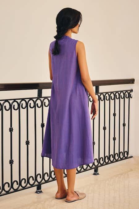 Shop_Kharakapas_Purple Cotton V-neck The Homebody Textured Dress _at_Aza_Fashions