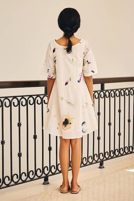 Shop_Kharakapas_Off White Cotton Round Neck The Sanguine Floral Print Dress _at_Aza_Fashions