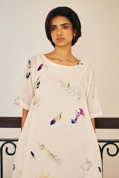 Shop_Kharakapas_Off White Cotton Round Neck The Sanguine Floral Print Dress _Online_at_Aza_Fashions