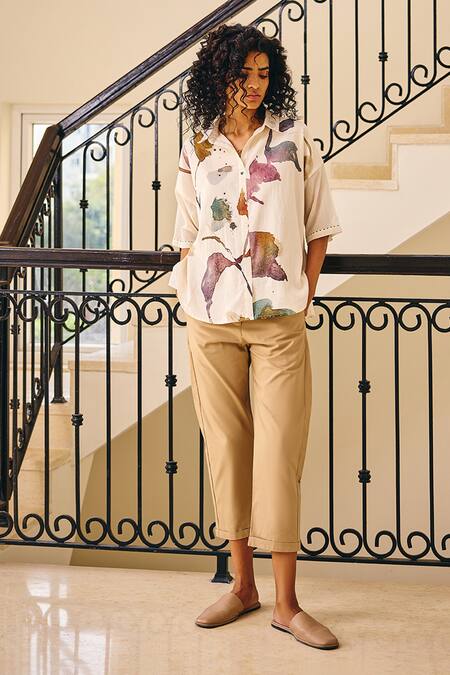 Shop_Kharakapas_Off White Cotton Mul Print Abstract Floral Shirt Collar The Softer Shell _Online_at_Aza_Fashions