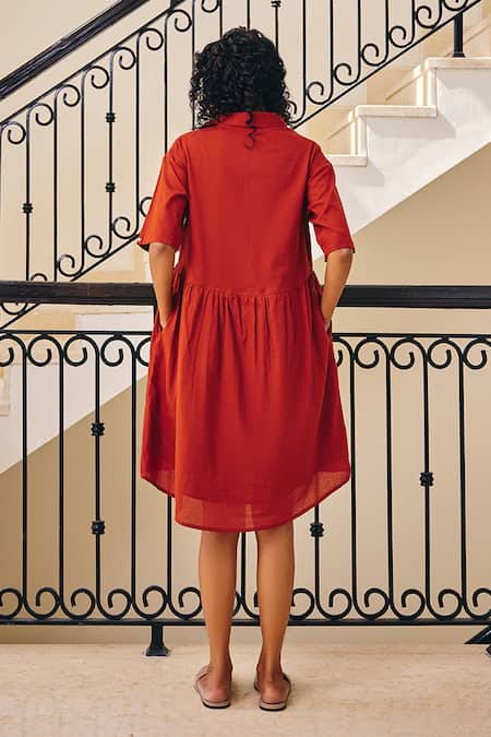 Shop_Kharakapas_Red Cotton Mul Solid Shirt Collar The Sonder High-low Dress _at_Aza_Fashions