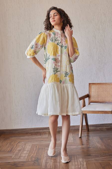 Khamaj India_White Chanderi, Cotton Embroidery, Applique Mandarin Collar Adrian Hand Dress _Online_at_Aza_Fashions