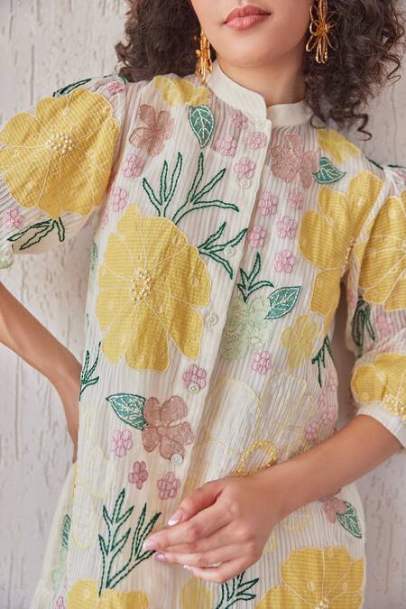 Shop_Khamaj India_White Chanderi, Cotton Embroidery, Applique Mandarin Collar Adrian Hand Dress _Online_at_Aza_Fashions