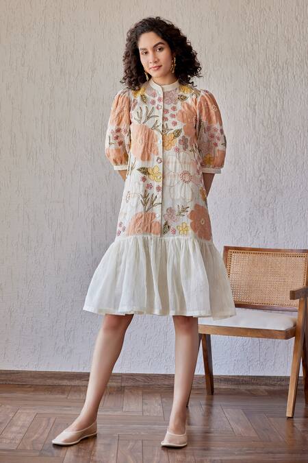 Khamaj India_White Chanderi, Cotton Embroidery, Applique Mandarin Adrian Hand Short Dress _Online_at_Aza_Fashions