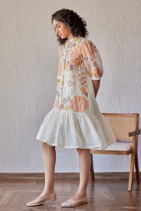 Buy_Khamaj India_White Chanderi, Cotton Embroidery, Applique Mandarin Adrian Hand Short Dress _Online_at_Aza_Fashions